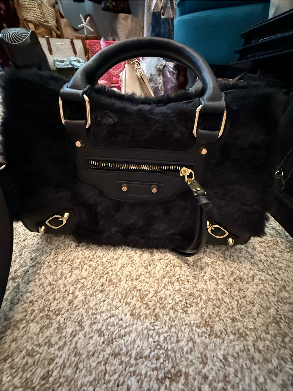 Faux Fur Black Tote with Gold Accents